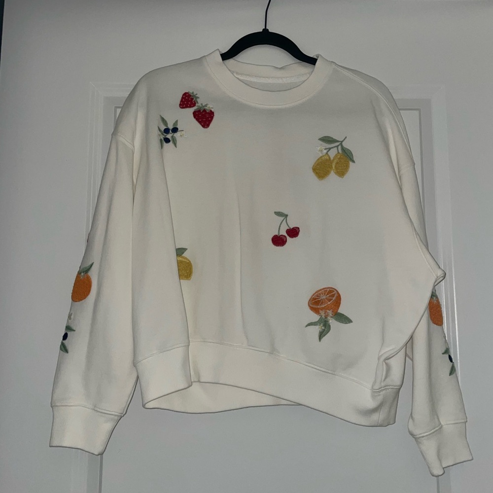 Aqua Sweater White with Fruit Embroidery